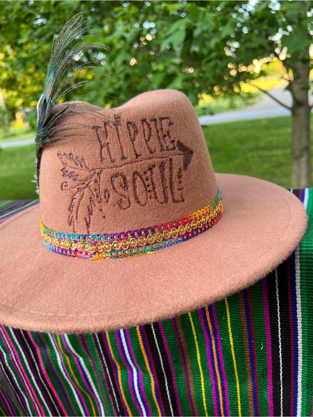 HAND BURNED BROWN FELT RANCHER HAT with FEATHER TRIM